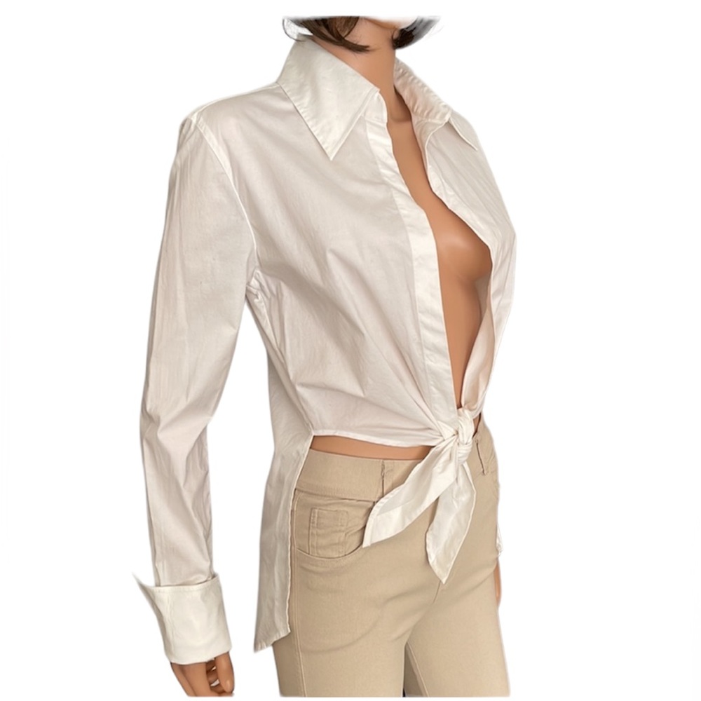 Vintage Norma Kamali White Cotton Open Tie-Waist Blouse Shirt